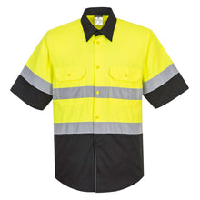 Load image into Gallery viewer, Portwest E067 – Safety Green/Black Hi-Viz ShortSleeve Shirt | Front View 
