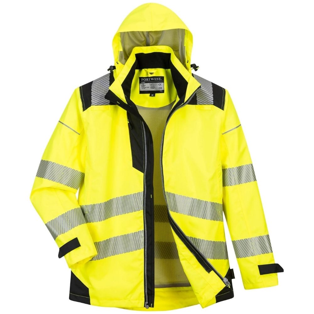 Portwest PW365YBR - Safety Green Hi-Viz Parka  Front View Hood