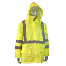 Load image into Gallery viewer, Radians RW10-3S1Y - Safety Green Hi-Viz Rain Jacket | Front View Hood
